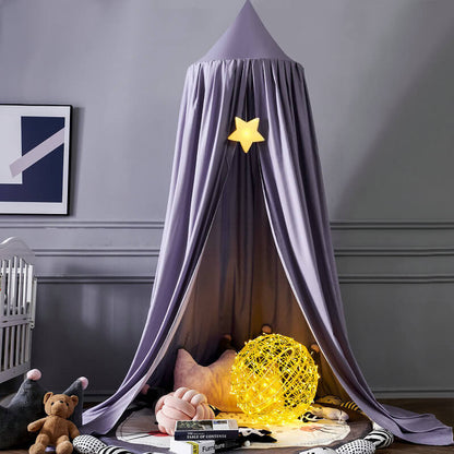 "Light green children's blackout bed canopy; elegant polyester fabric; blocks light; ideal for cribs, creating a cozy vibe."