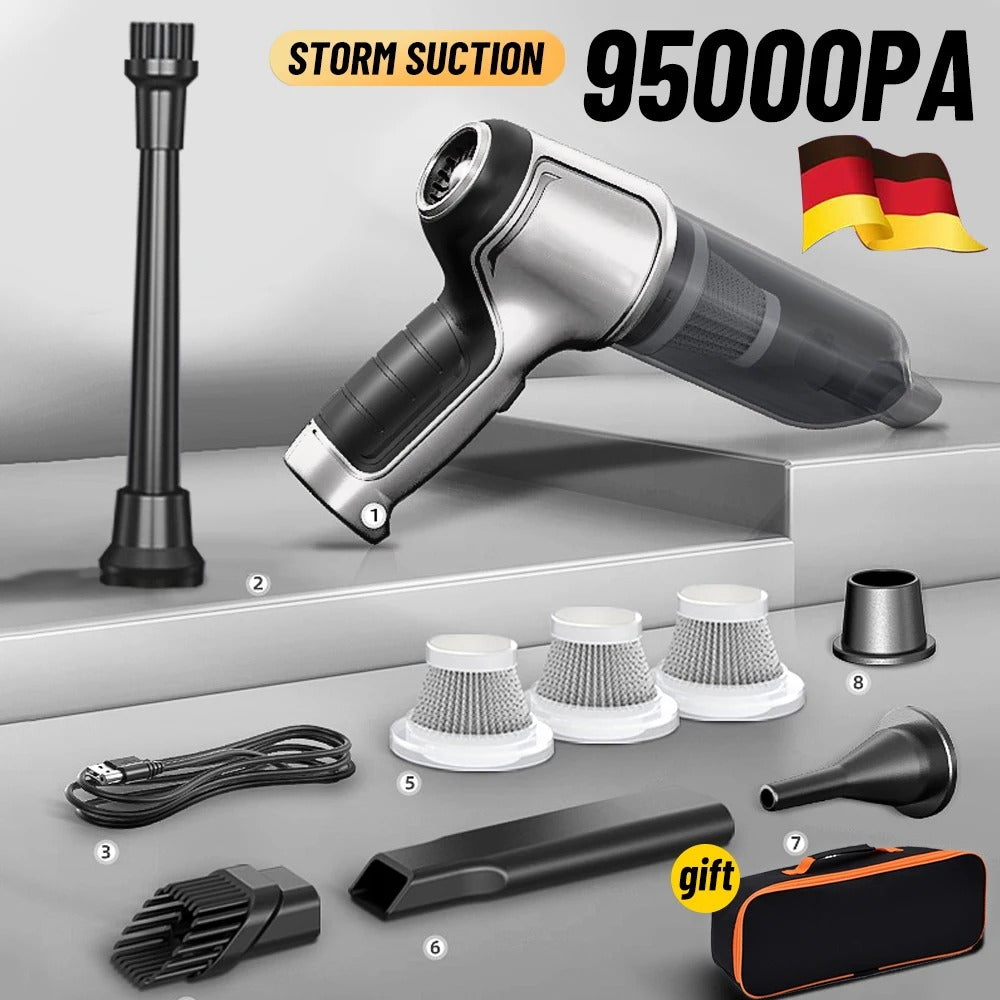 "Lightweight cordless car vacuum with 95000Pa suction, sleek design, black color, perfect for car and home cleaning."