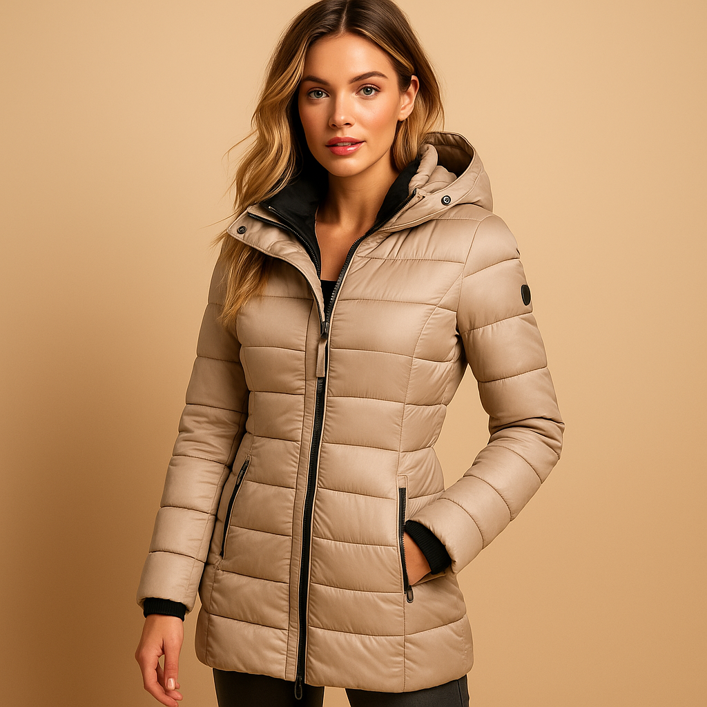 Women’s lightweight puffer jacket with organic down, ideal for autumn days and eco-friendly everyday wear.