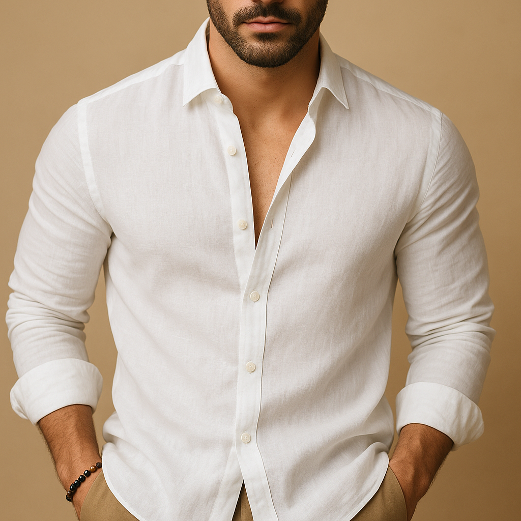 Lightweight linen shirt for men in breathable fabric with timeless design, ideal for casual weekends and business occasions.