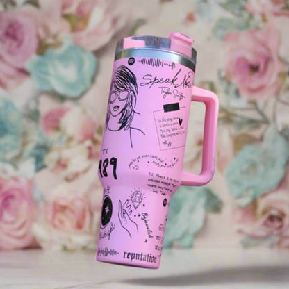 "Limited edition stainless steel tumbler with custom design, handwritten lyrics, vibrant colors, and ergonomic handle."