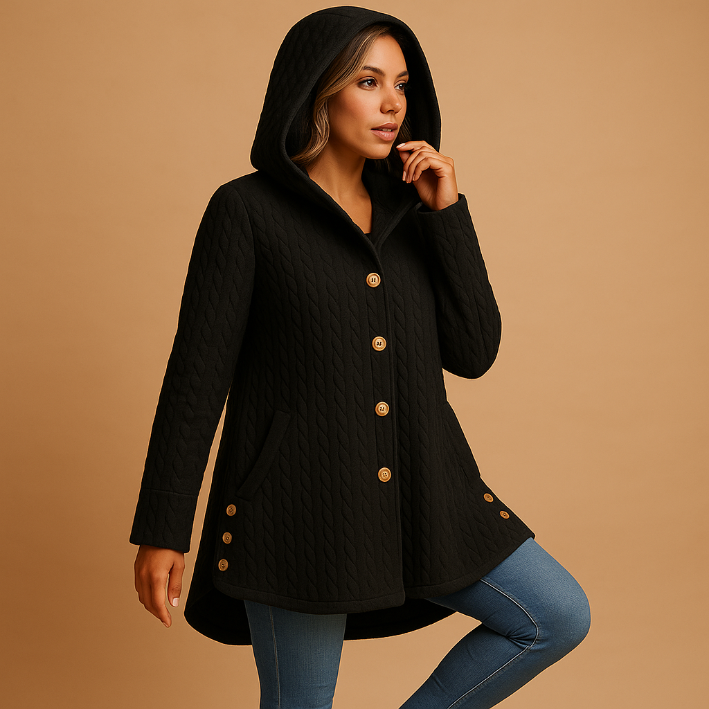 Women’s long winter coat with hood and buttons in red, green, black, grey, and navy, perfect for warmth and everyday winter elegance