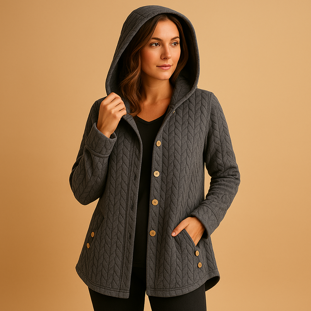 Women’s long winter coat with hood and buttons in red, green, black, grey, and navy, perfect for warmth and everyday winter elegance