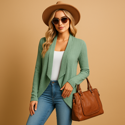 Long knitted cardigan for women in solid colors, perfect for layering in autumn and spring with a chic and cozy look.