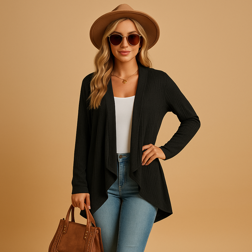 Long knitted cardigan for women in solid colors, perfect for layering in autumn and spring with a chic and cozy look.