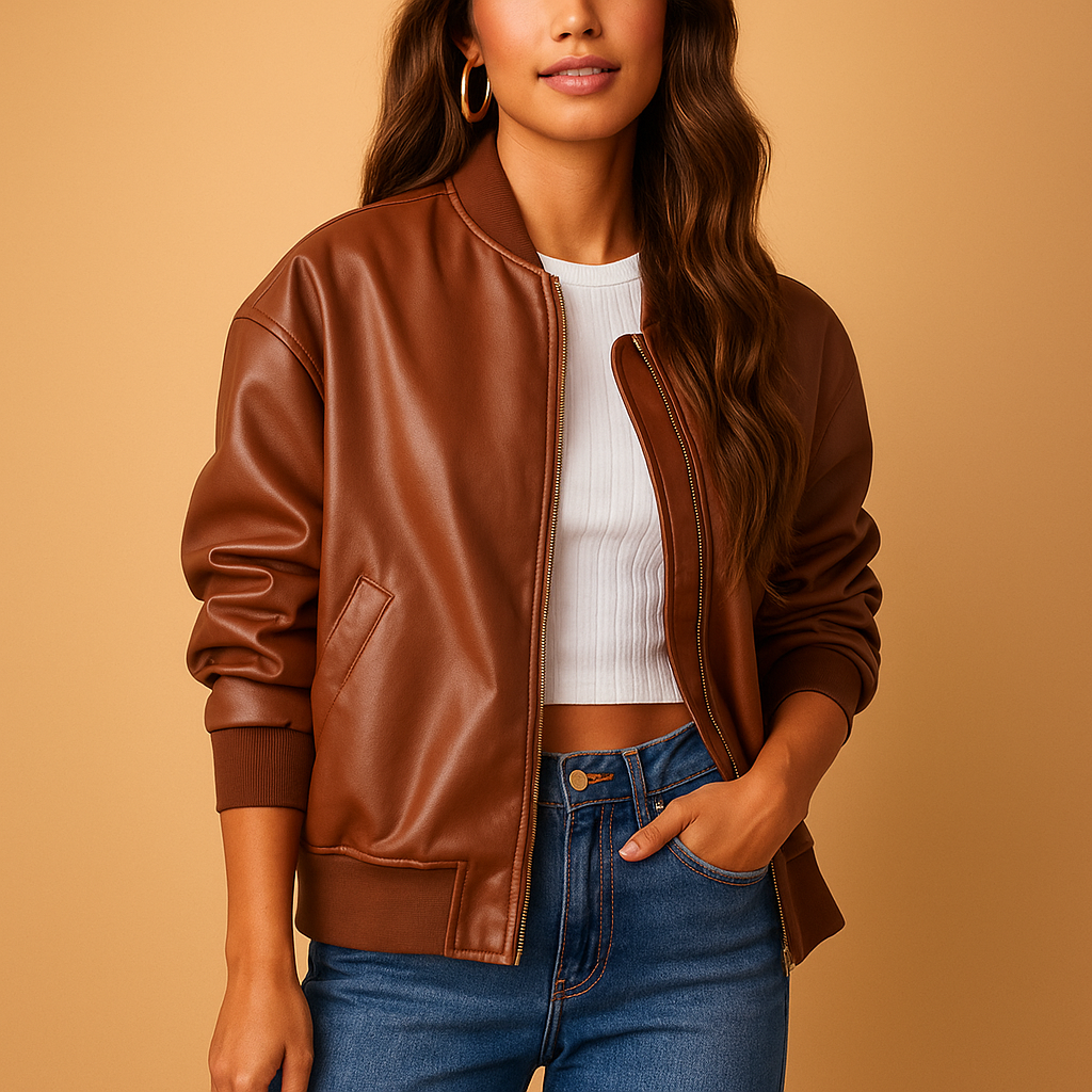 Women’s long leather jacket with baseball-style design, perfect for cold weather and urban fashion looks.