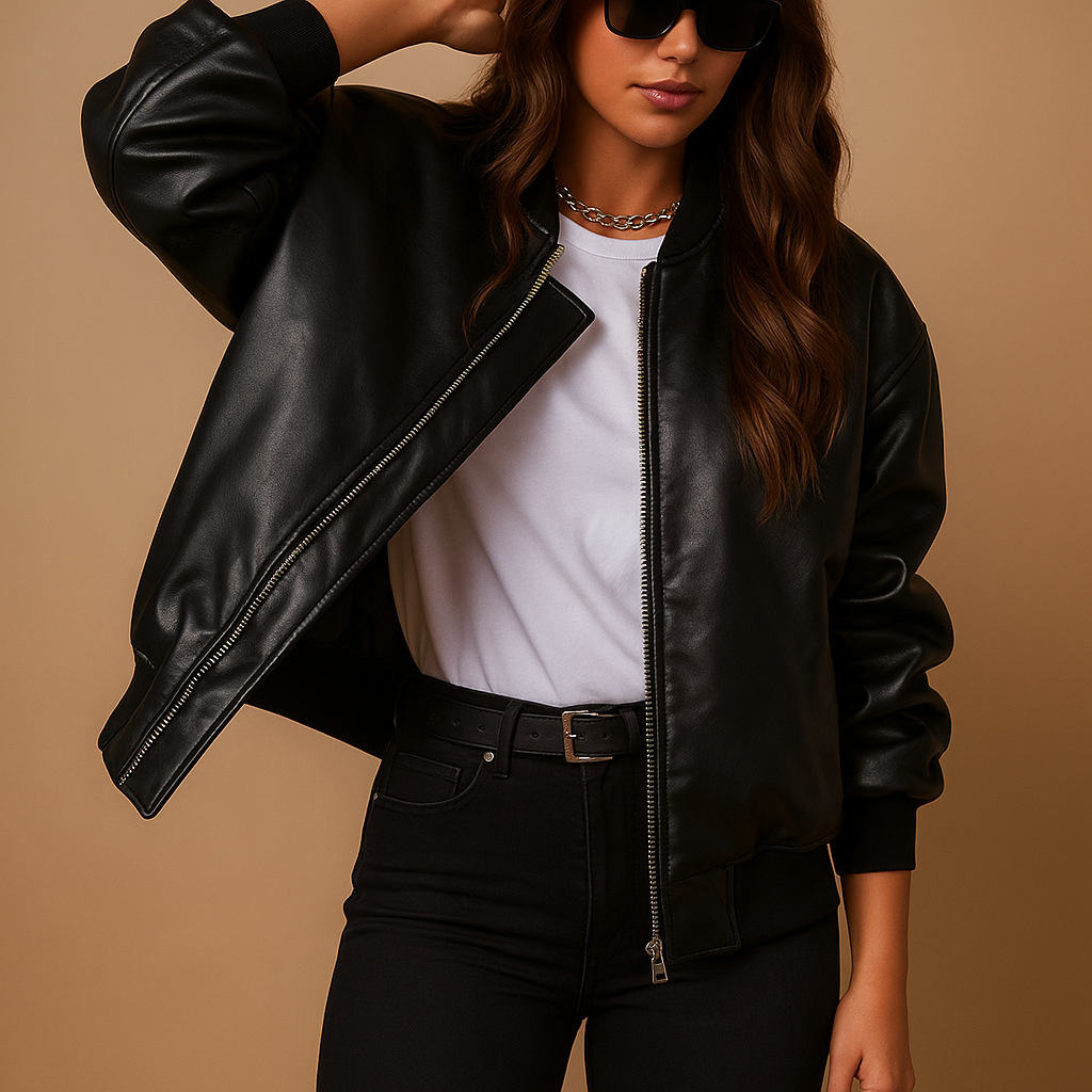Women’s long leather jacket with baseball-style design, perfect for cold weather and urban fashion looks.