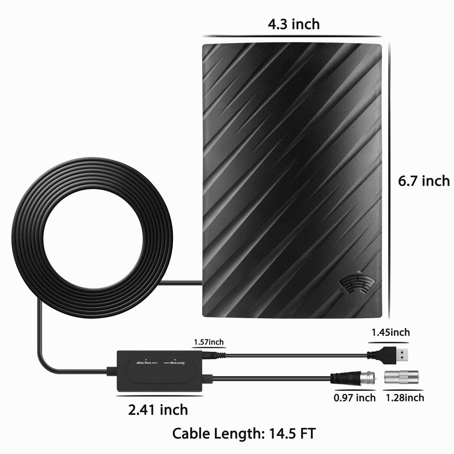 Long-range indoor HDTV 4K digital antenna with sleek black design, showcasing flexible installation and enhanced signal recep