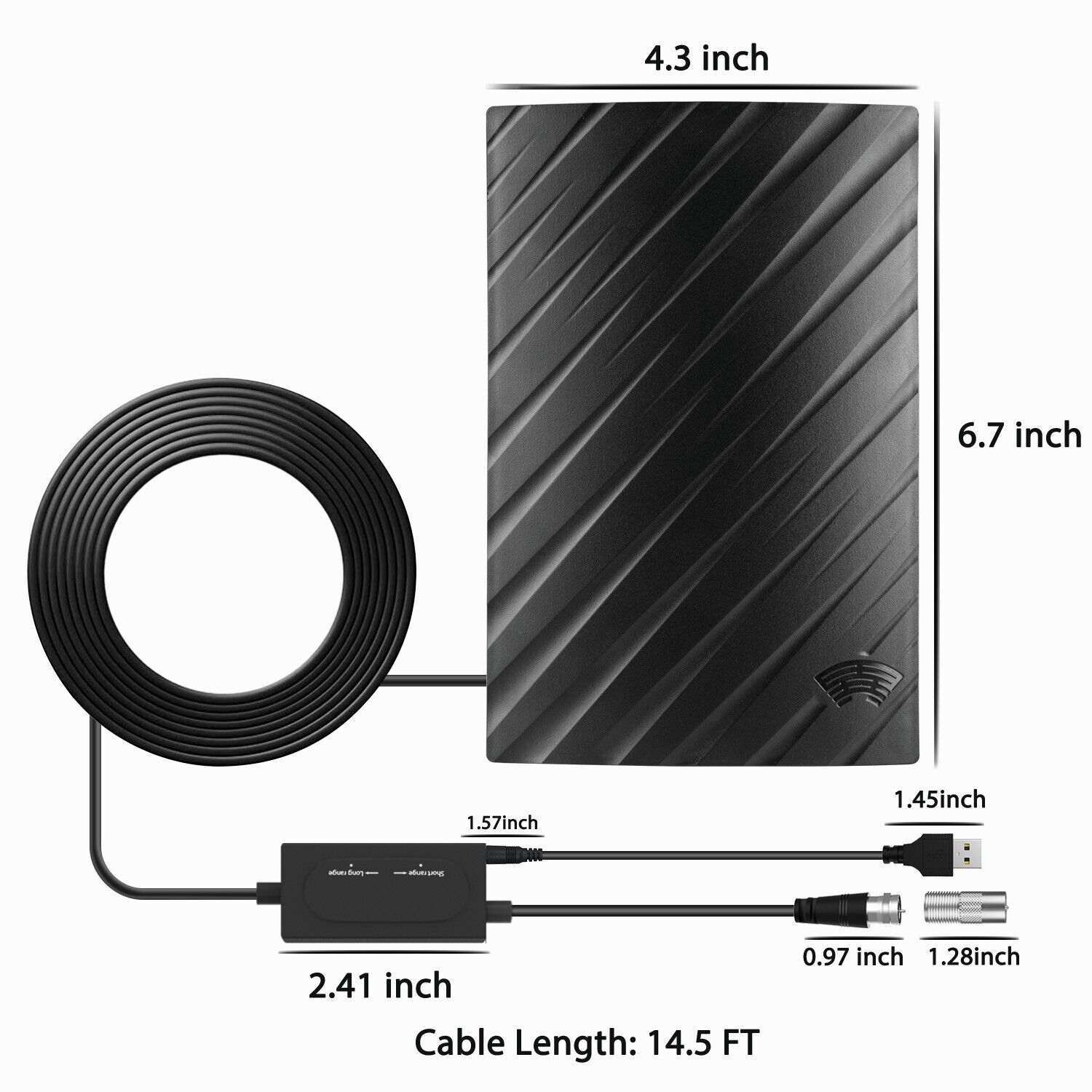 Long-range indoor HDTV 4K digital antenna with sleek black design, showcasing flexible installation and enhanced signal recep