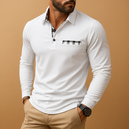 Men’s long sleeve polo shirt with collar and button closure, breathable fabric, available in black, navy blue, silver grey, and white.