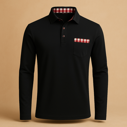 Men’s long sleeve polo shirt with collar and button closure, breathable fabric, available in black, navy blue, silver grey, and white.