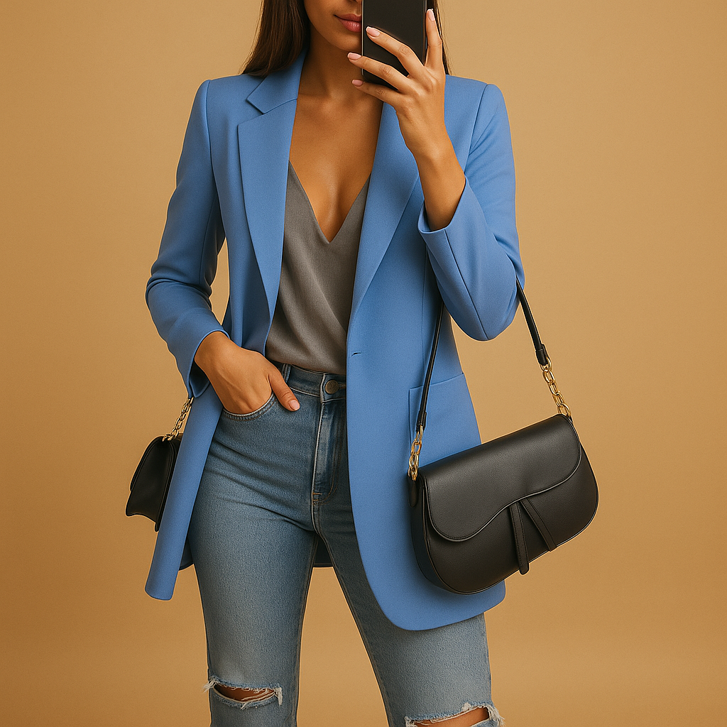 Women’s longline blazer with slim fit in black, blue, grey, khaki, pink, and white—perfect for work, formal wear, or elevated everyday outfits