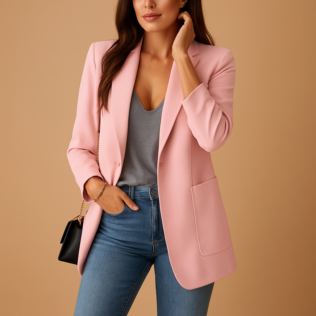 Women’s longline blazer with slim fit in black, blue, grey, khaki, pink, and white—perfect for work, formal wear, or elevated everyday outfits