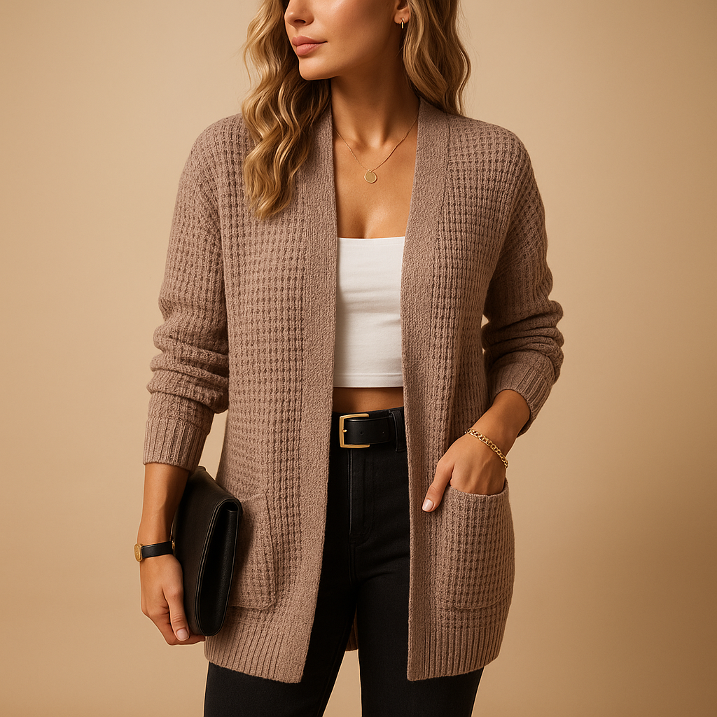 Women’s long cardigan with V-neck and front pockets, available in solid colors like grey and pink—perfect for layering in fall and winter.