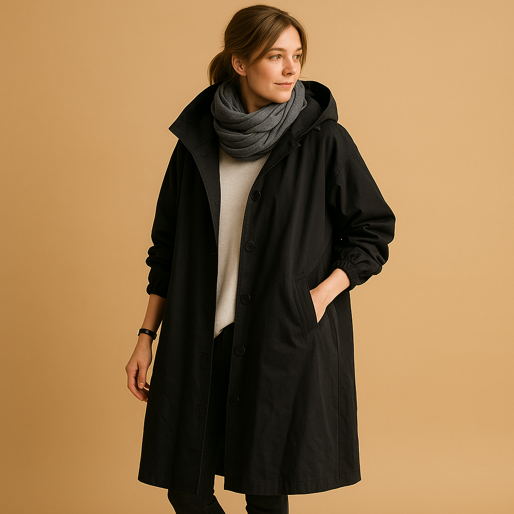Women’s long waterproof raincoat with hood and belt, ideal for staying dry and stylish in all weather conditions.