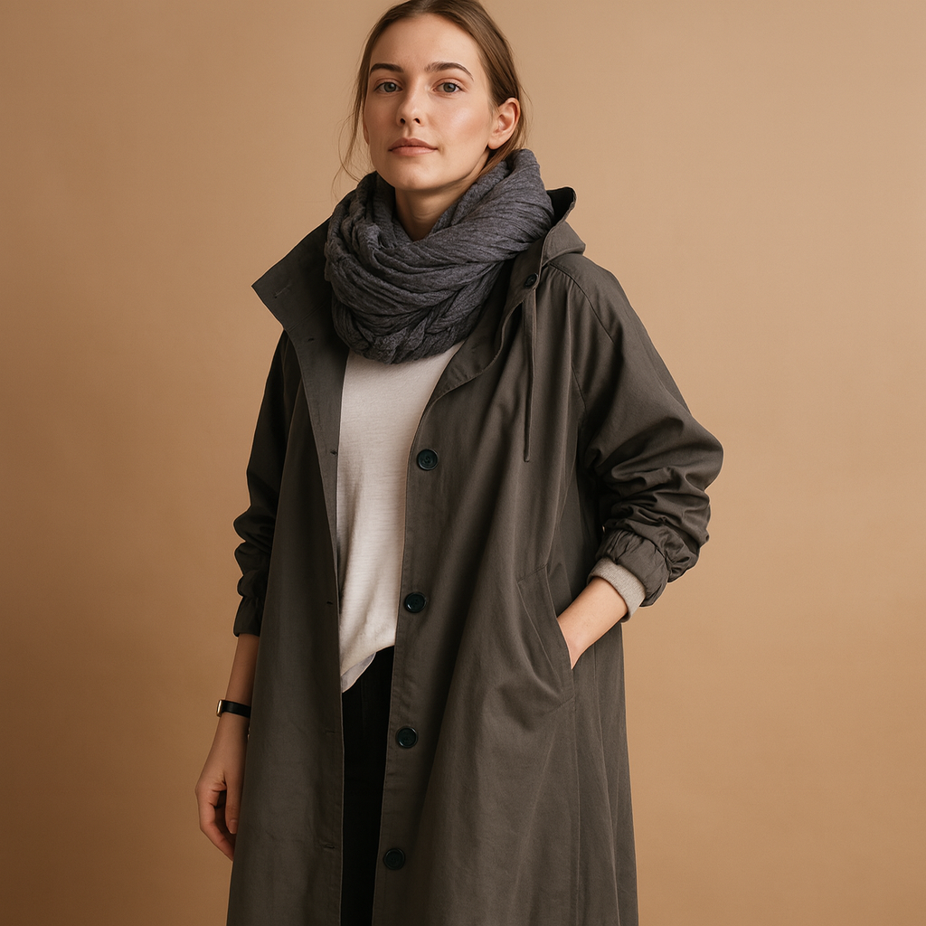 Women’s long waterproof raincoat with hood and belt, ideal for staying dry and stylish in all weather conditions.