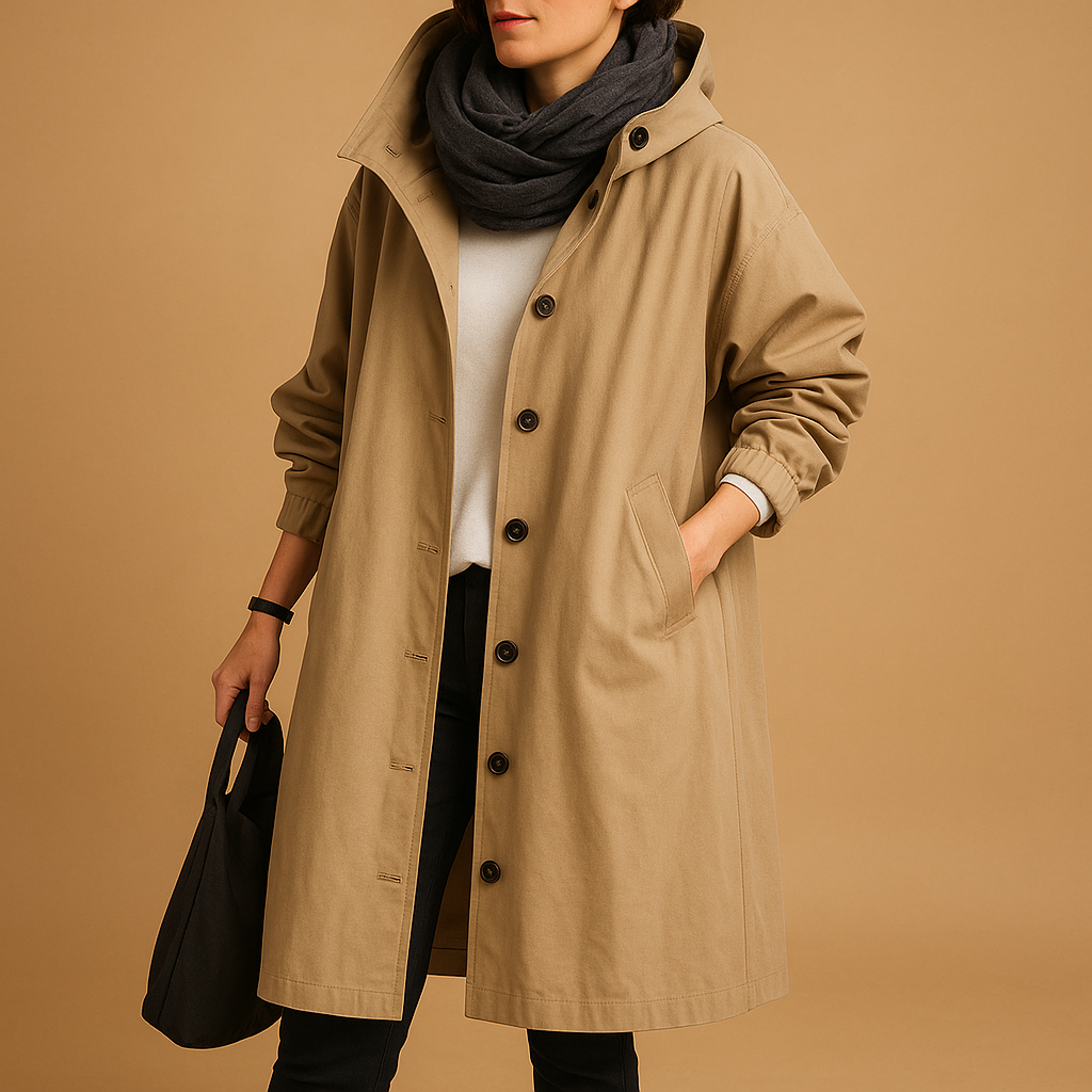 Women’s long waterproof raincoat with hood and belt, ideal for staying dry and stylish in all weather conditions.