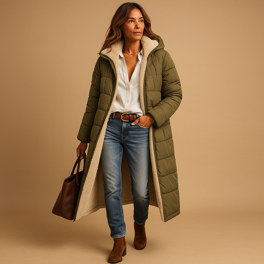 Women’s long winter coat with thermal lining and elegant design, perfect for cold days and stylish winter wear.