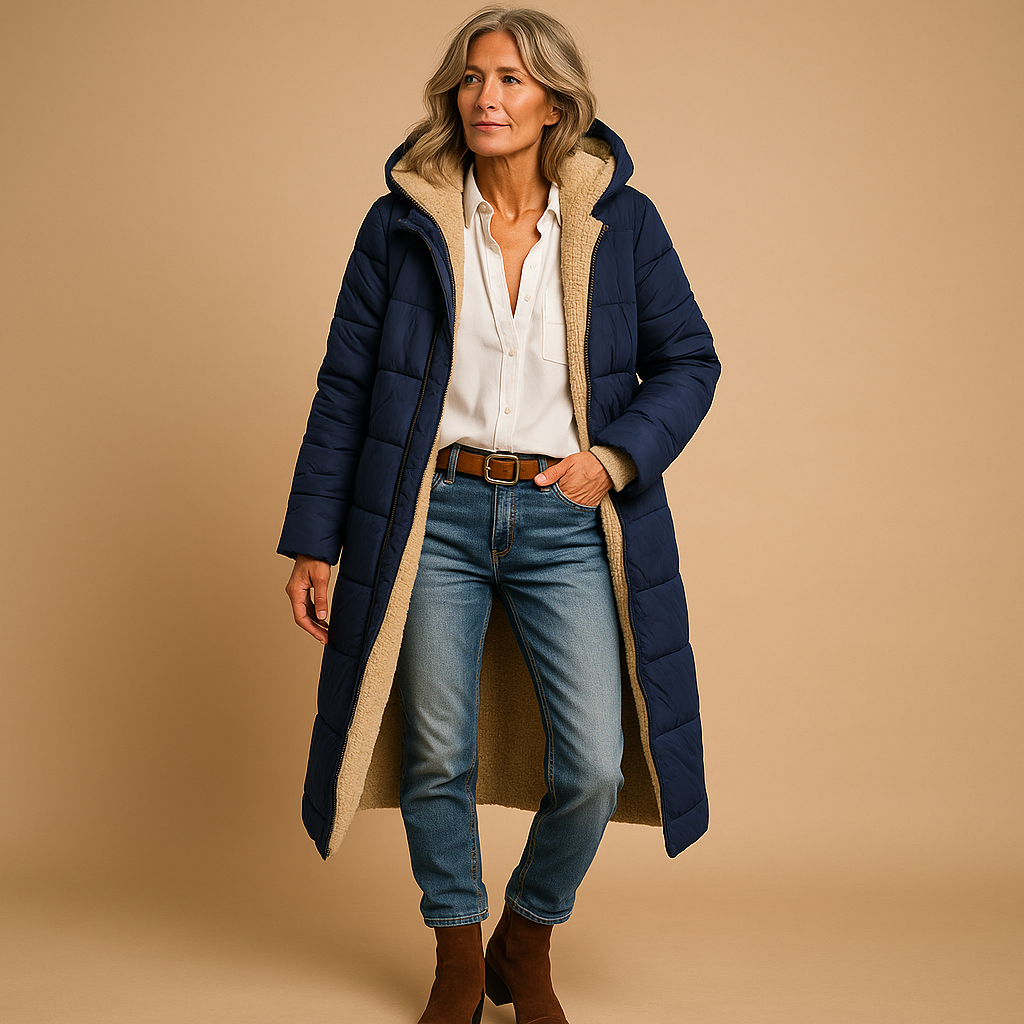 Women’s long winter coat with thermal lining and elegant design, perfect for cold days and stylish winter wear.