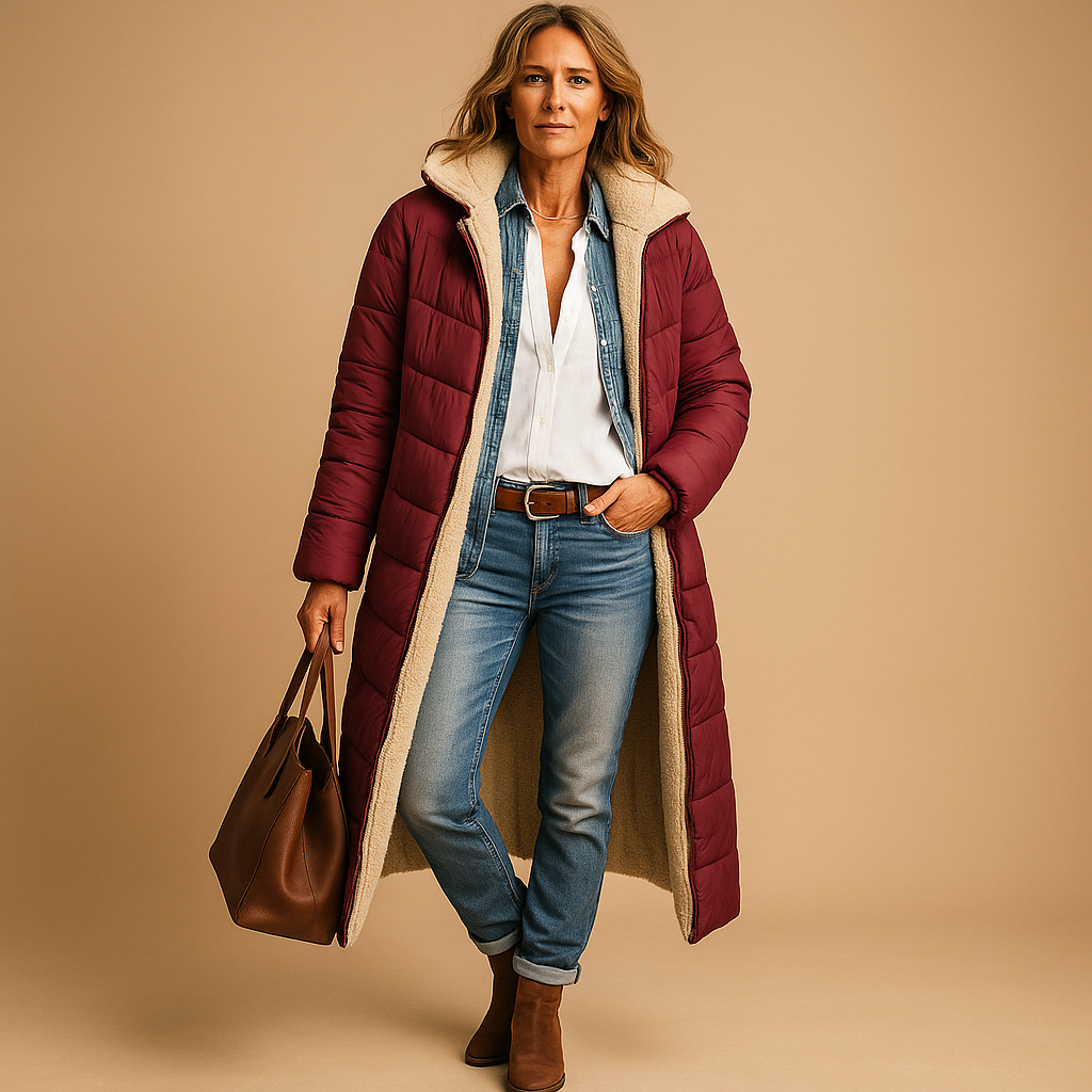 Women’s long winter coat with thermal lining and elegant design, perfect for cold days and stylish winter wear.