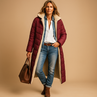 Women’s long winter coat with thermal lining and elegant design, perfect for cold days and stylish winter wear.