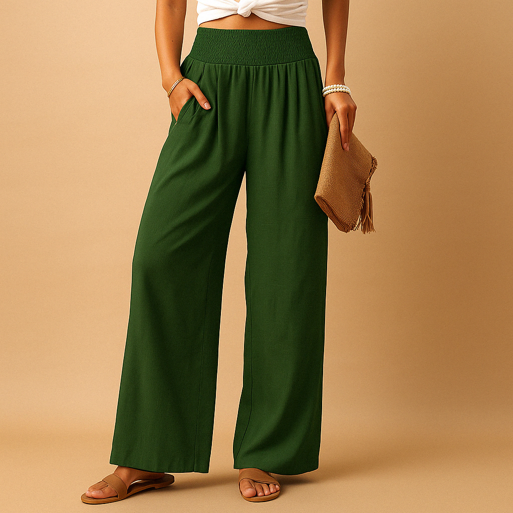 Women’s loose summer pants with elastic waistband and flowy legs, ideal for casual warm-weather days.