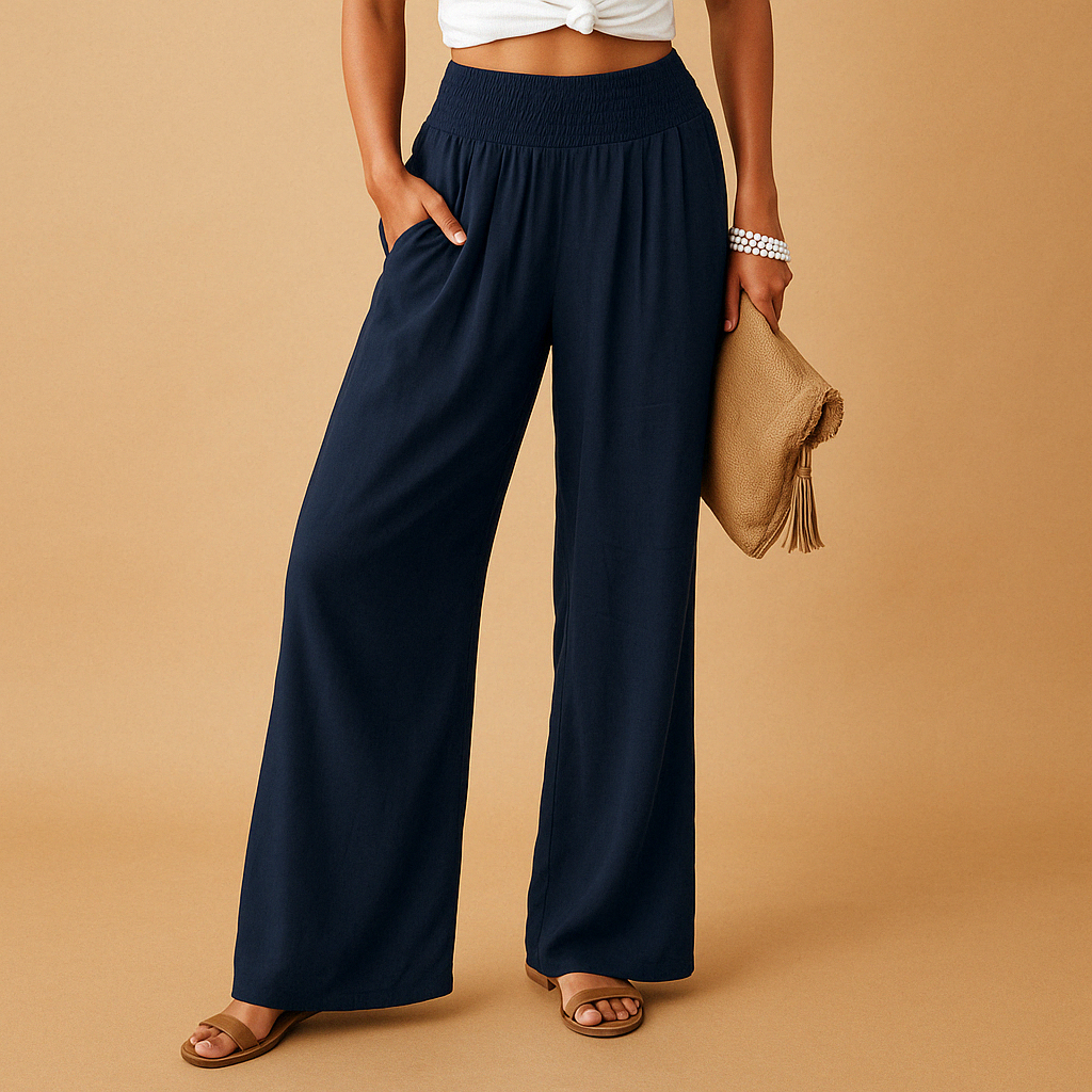 Women’s loose summer pants with elastic waistband and flowy legs, ideal for casual warm-weather days.