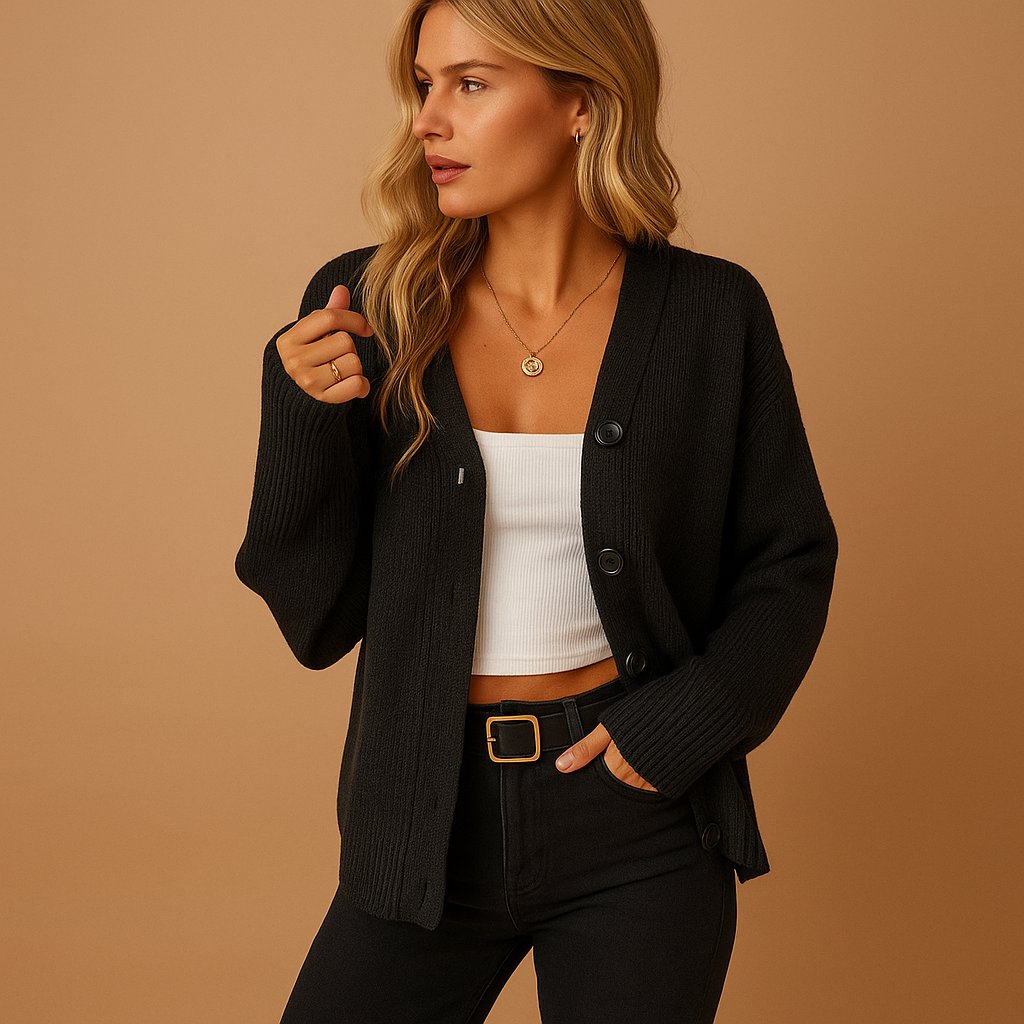 Women’s loose fit cardigan in grey, black, or white, made of soft fabric with elegant design—perfect for layering and everyday wear.