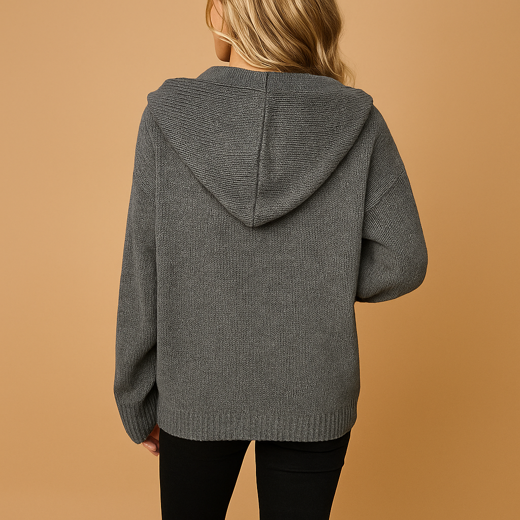 Women’s loose fit cardigan in grey, black, or white, made of soft fabric with elegant design—perfect for layering and everyday wear.