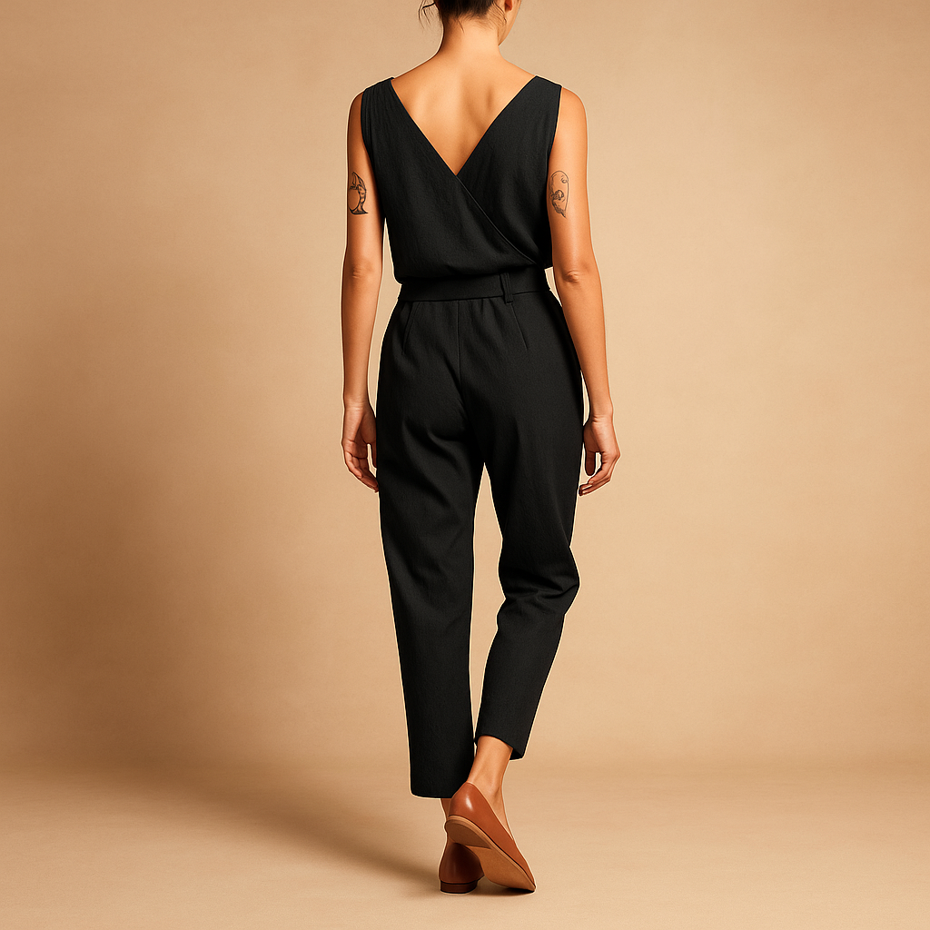 Women’s summer jumpsuit with V-neck and adjustable waistband in a loose fit, perfect for warm weather, beach days, or casual lounging.