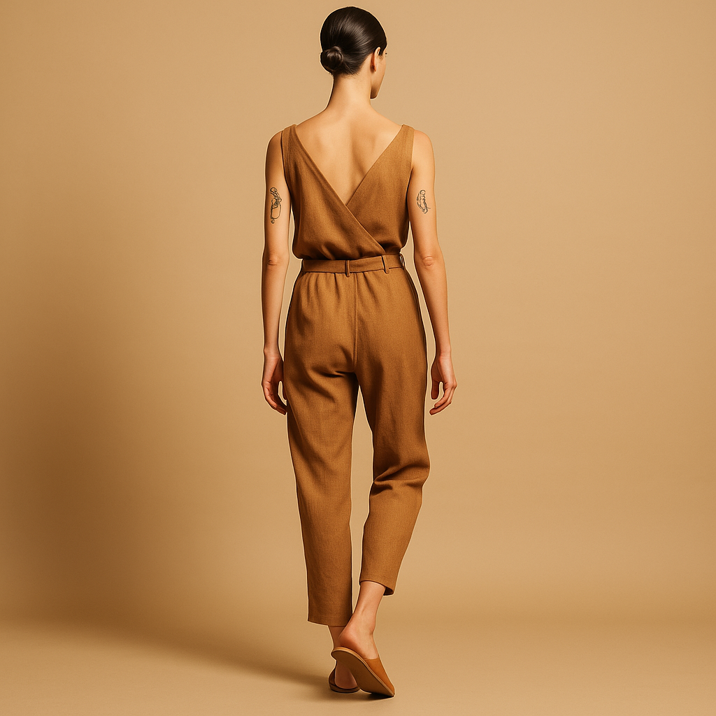 Women’s summer jumpsuit with V-neck and adjustable waistband in a loose fit, perfect for warm weather, beach days, or casual lounging.