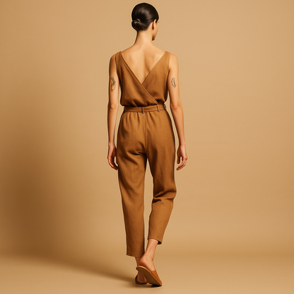 Women’s summer jumpsuit with V-neck and adjustable waistband in a loose fit, perfect for warm weather, beach days, or casual lounging.