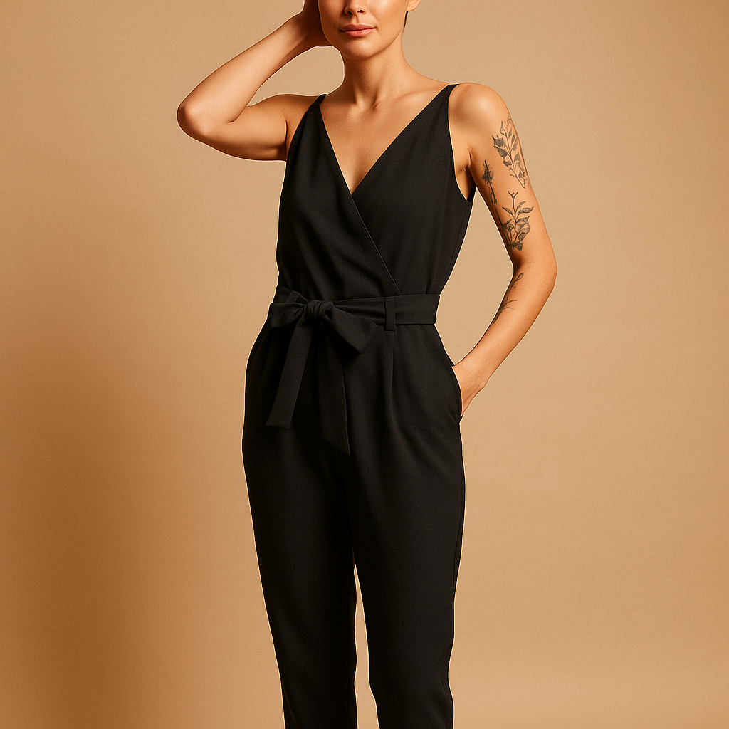 Women’s summer jumpsuit with V-neck and adjustable waistband in a loose fit, perfect for warm weather, beach days, or casual lounging.