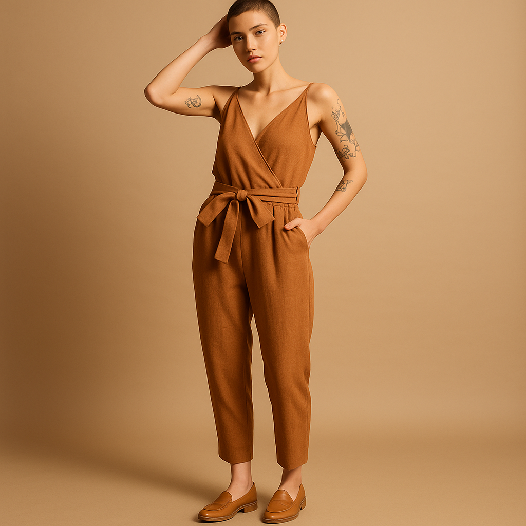 Women’s summer jumpsuit with V-neck and adjustable waistband in a loose fit, perfect for warm weather, beach days, or casual lounging.
