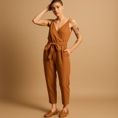 Women’s summer jumpsuit with V-neck and adjustable waistband in a loose fit, perfect for warm weather, beach days, or casual lounging.
