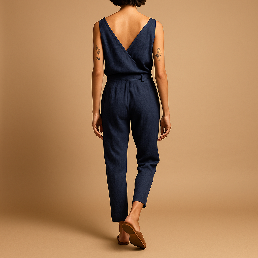 Women’s summer jumpsuit with V-neck and adjustable waistband in a loose fit, perfect for warm weather, beach days, or casual lounging.