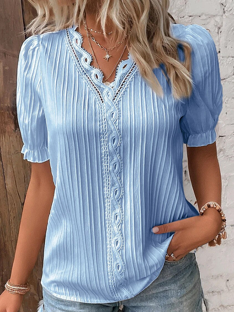 Lightweight Women's Cotton V-Neck Short Sleeve Blouse Top