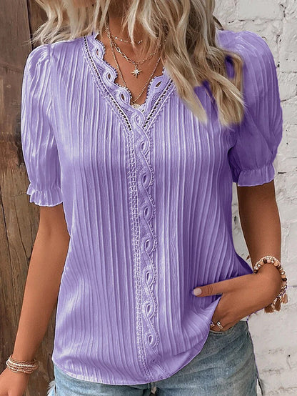 Lightweight Women's Cotton V-Neck Short Sleeve Blouse Top