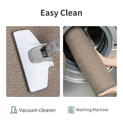 Machine washable woven indoor door mat with a timeless weave pattern, non-slip backing, and plush polypropylene surface.