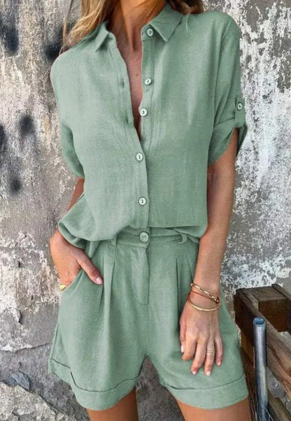 Relaxed Fit Cotton Two Piece Shirt and Shorts Set