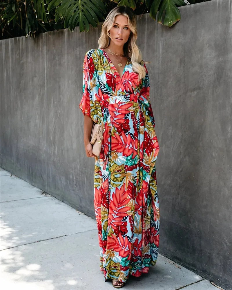 Bohemian Floral Long Kimono Dress - Luxivelle