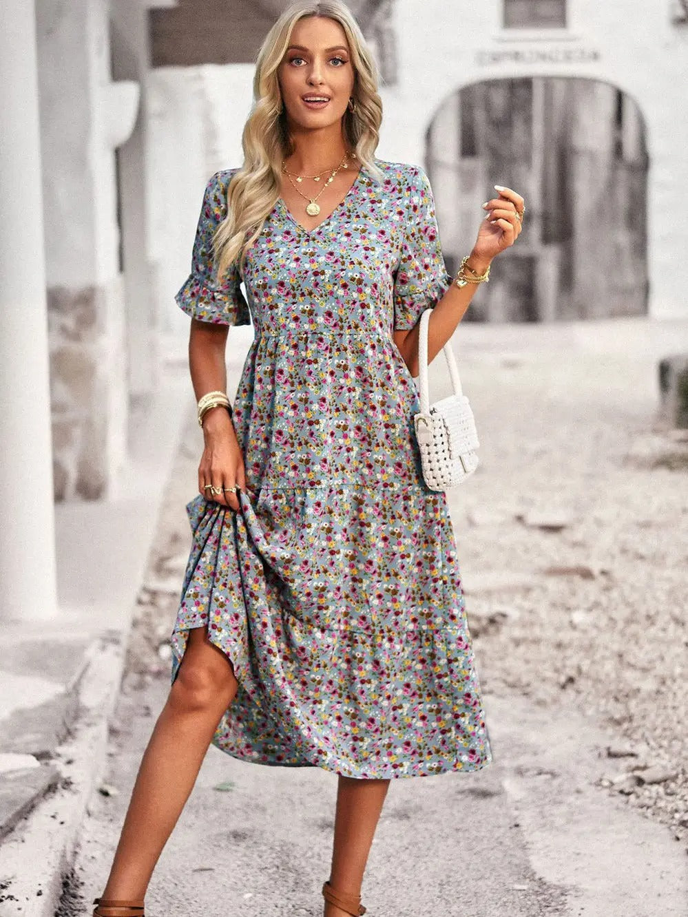 Franziska | Airy flutter sleeves v neck midi dress