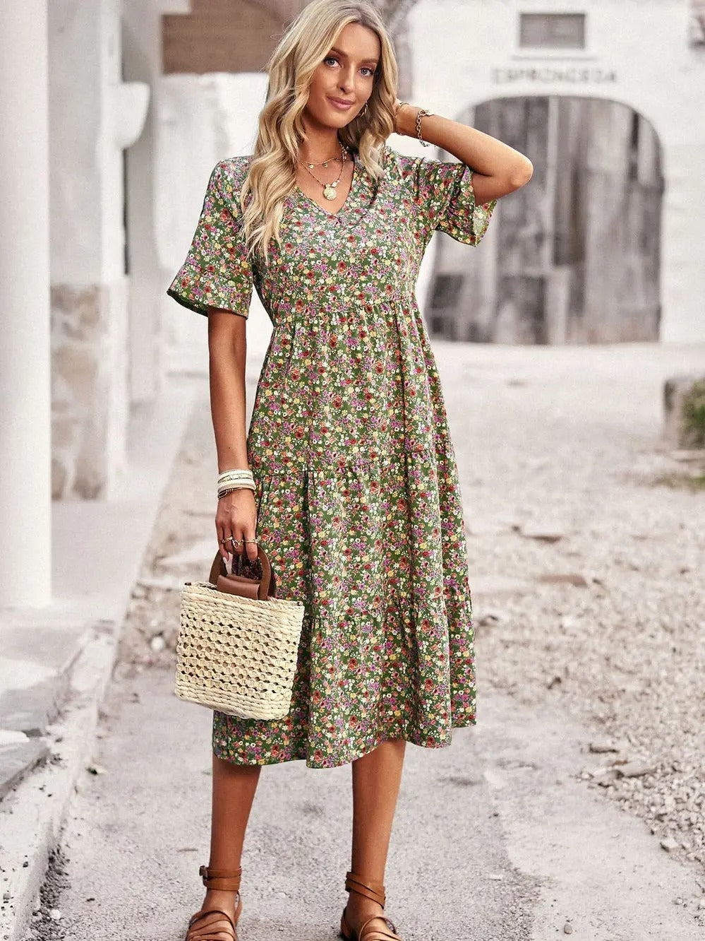 Franziska | Airy flutter sleeves v neck midi dress