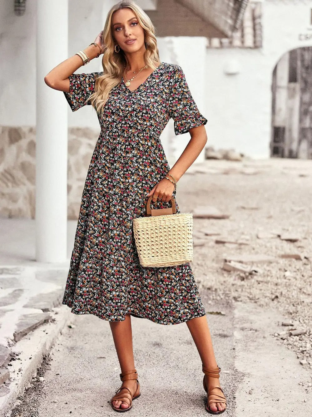 Franziska | Airy flutter sleeves v neck midi dress