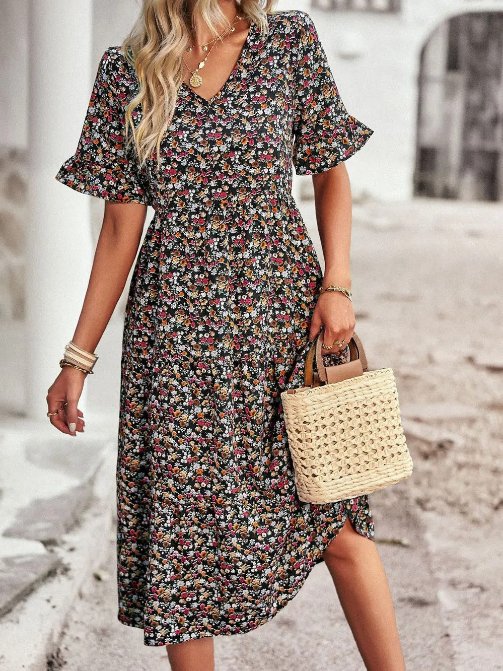 Franziska | Airy flutter sleeves v neck midi dress