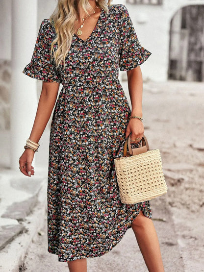 Franziska | Airy flutter sleeves v neck midi dress