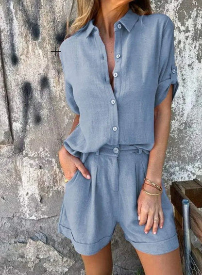 Relaxed Fit Cotton Two Piece Shirt and Shorts Set