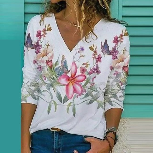Ladies' Pretty Blossom V Neck Short Sleeve Top