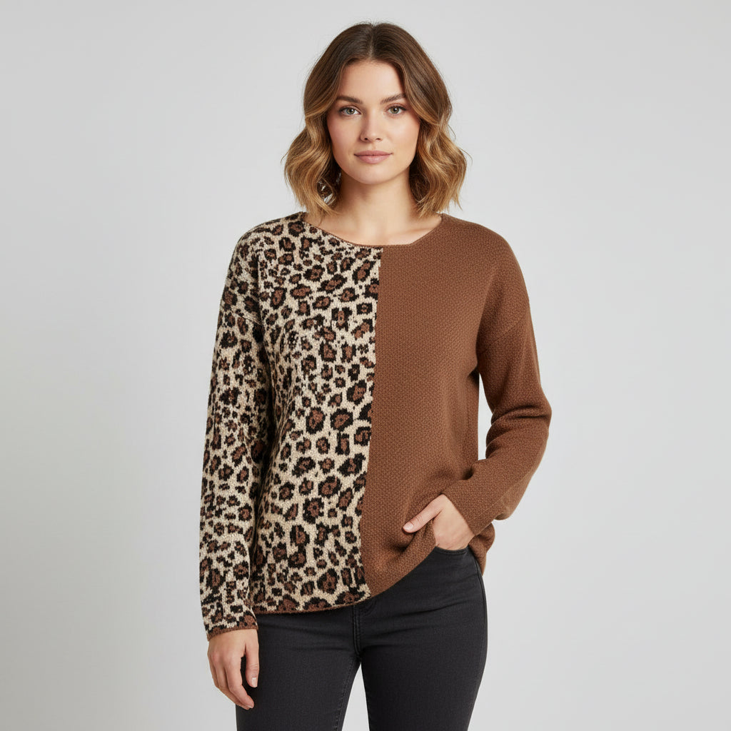 Relaxed Fit Leopard Print Pullover Sweater - Luxivelle