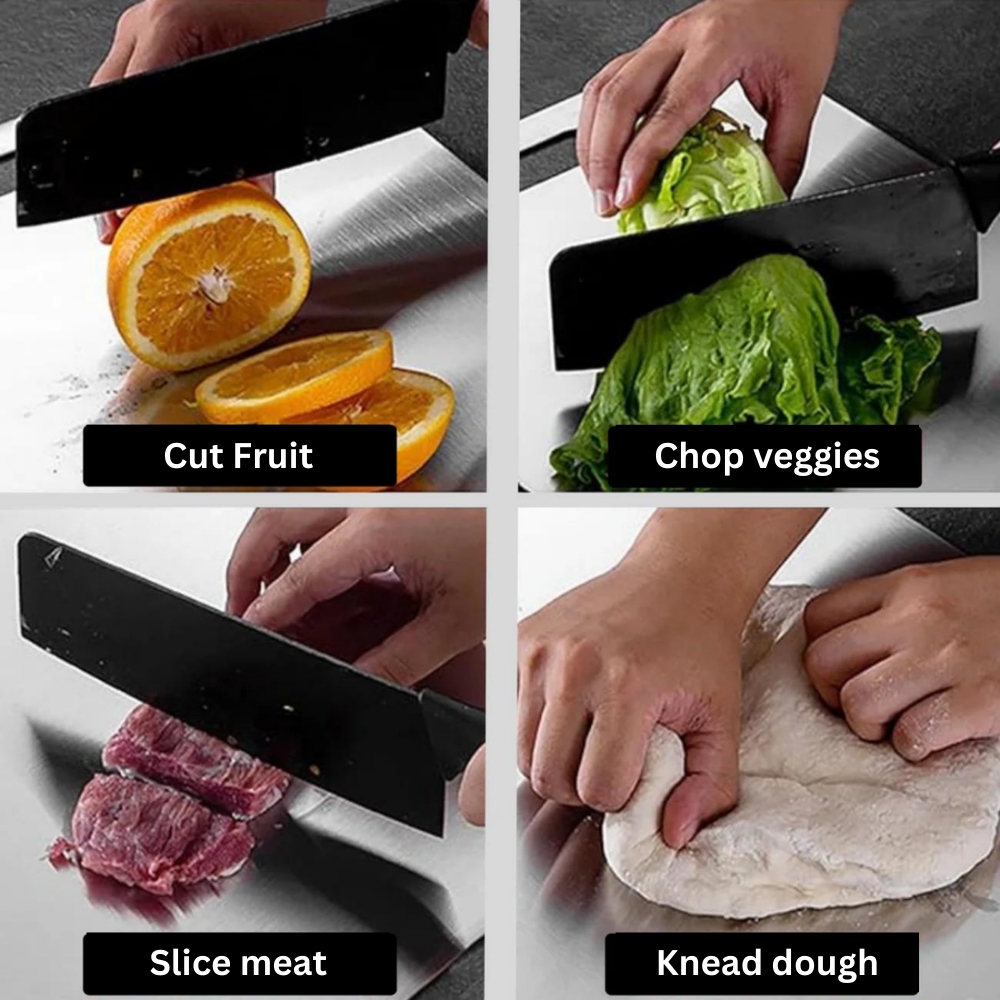 Medical grade titanium cutting board with non-porous silver surface, rounded edges, and ergonomic design for ultimate hygiene